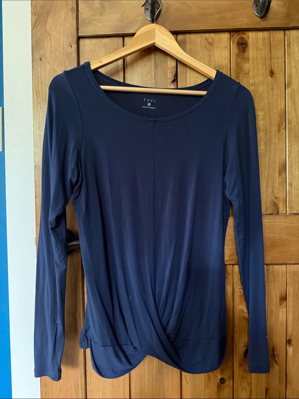 Tavi Navy Long-Sleeve Twist Front Women’s Top